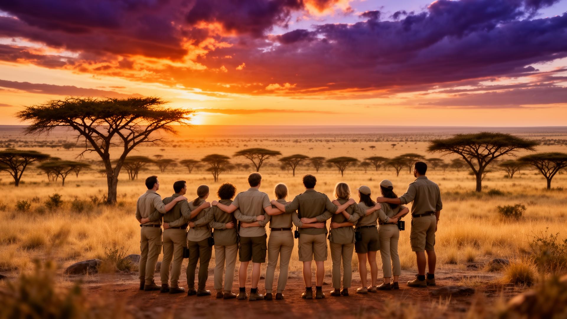 Team bei Sonnenuntergang in der afrikanischen Savanne — Corporate Retreat